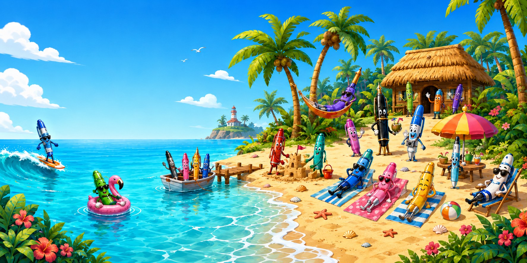 Colourful cartoon pens enjoying life on a tropical island